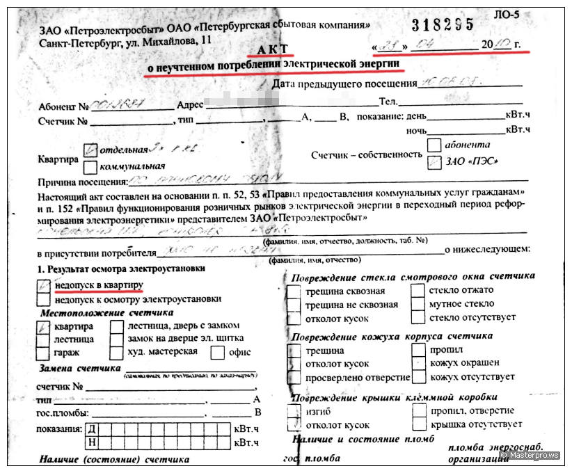 Акт о неучтенном потреблении электроэнергии